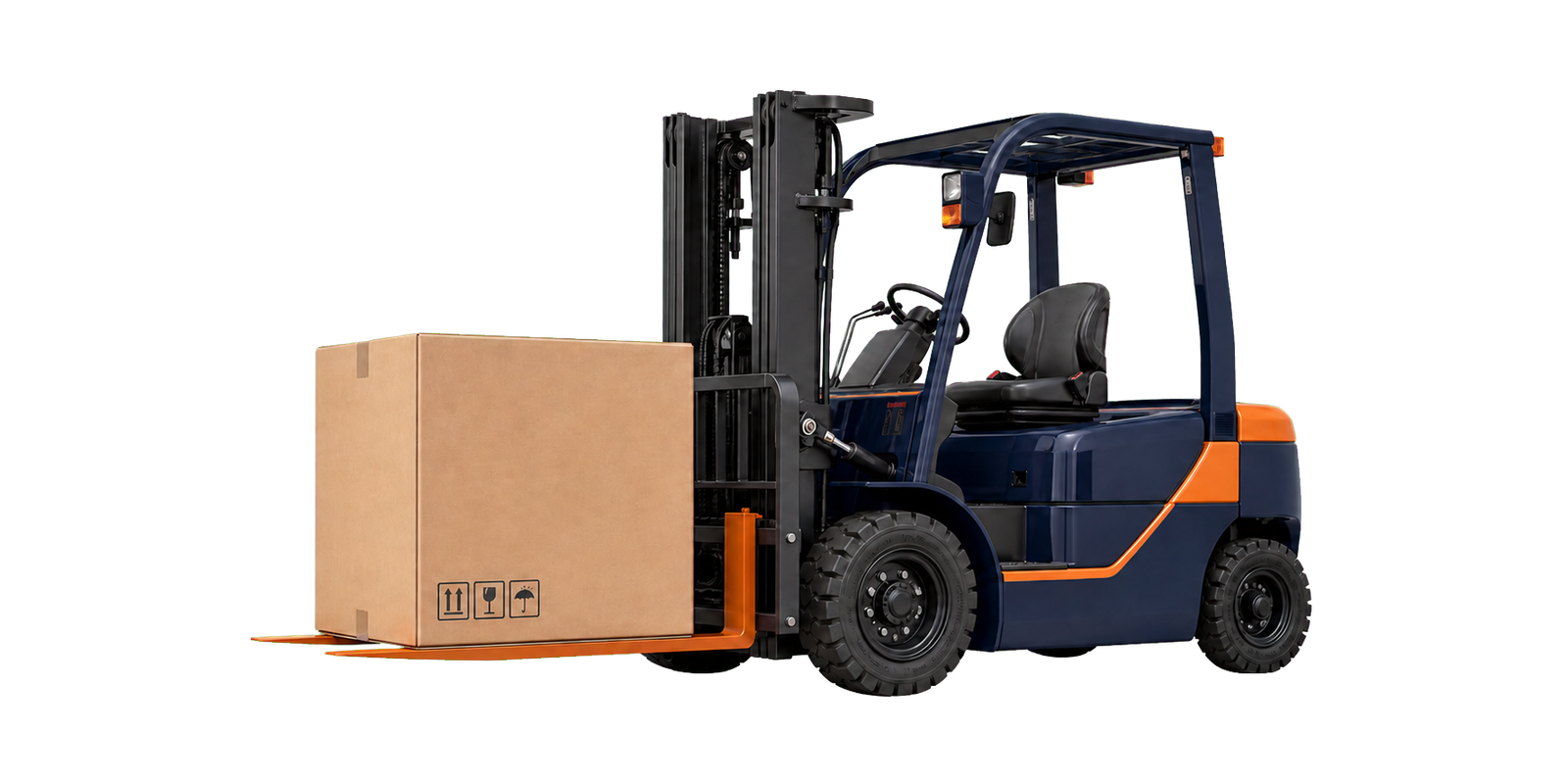 Warehouse forklift carrying a shipping carton