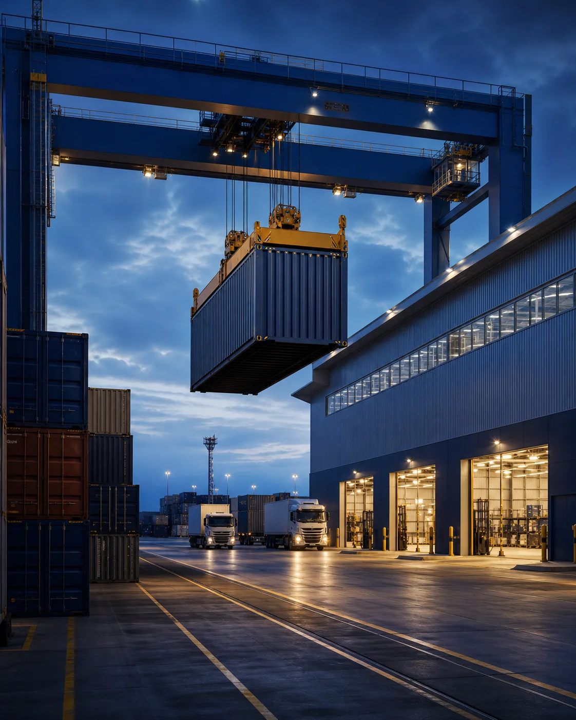 Modern intermodal logistics terminal with a container crane, organized cargo trucks, and warehouse operations