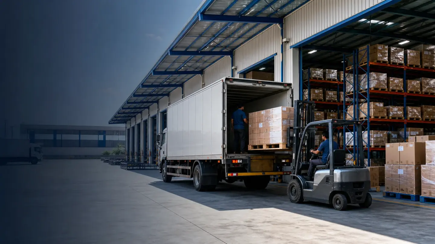 Modern transportation operation at a warehouse loading dock with truck, pallets, and forklift coordination