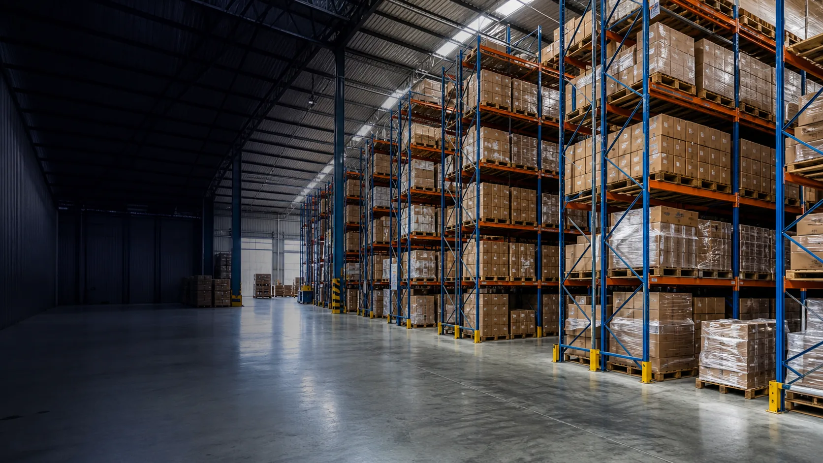 Premium warehouse interior with pallet racks, cartons, and organized storage lanes