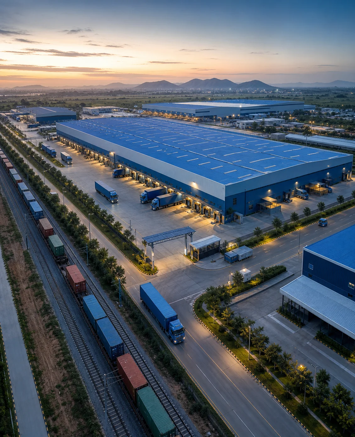 Modern logistics park with warehouses, freight rail, and coordinated distribution fleet