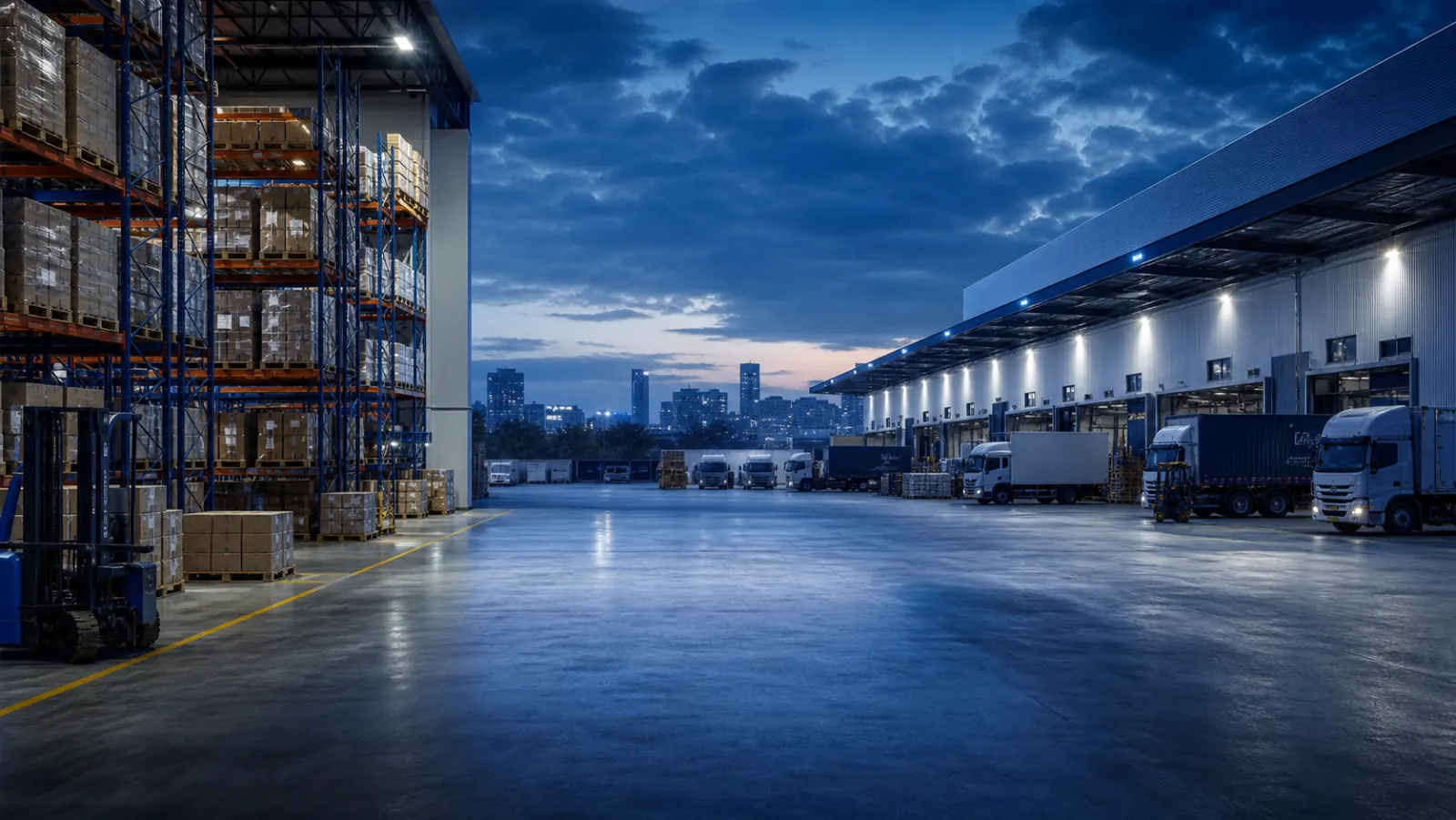 Integrated warehouse, loading dock, and transportation operations at a modern logistics facility
