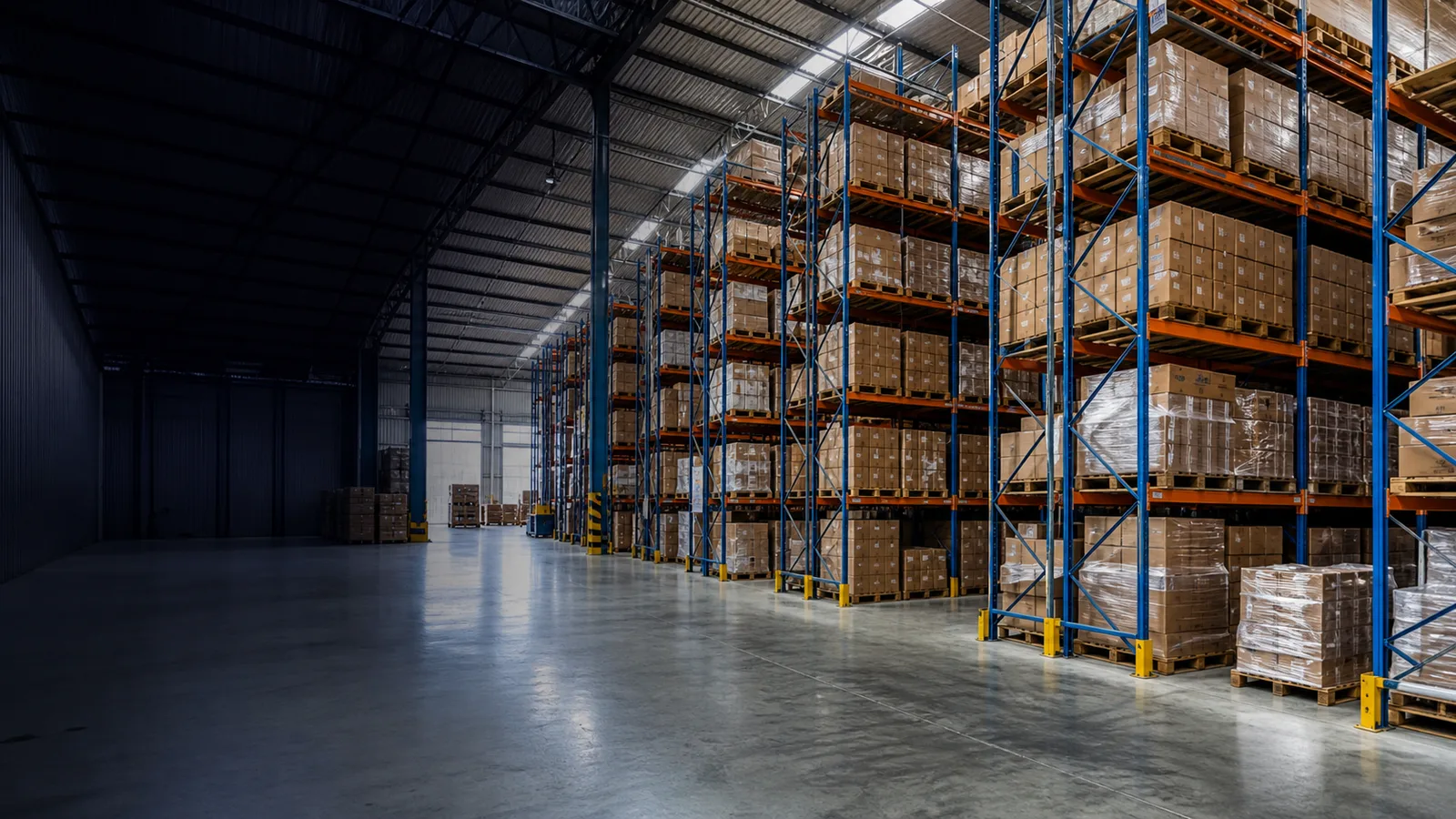 Warehouse aisle with inventory prepared for organized dispatch