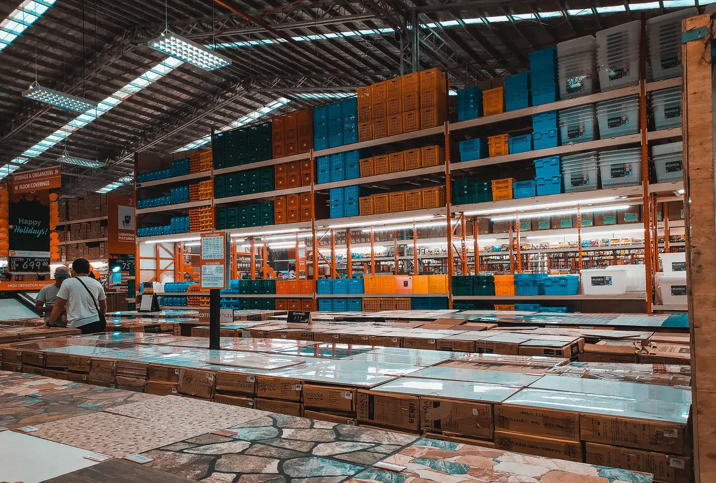 Organized warehouse racks and storage aisles